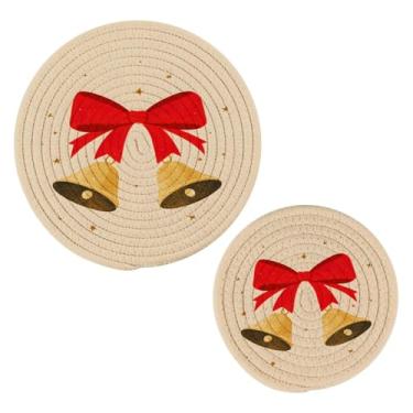 Imagem de Wassud Conjunto de sino de Natal com laço para pratos quentes, suportes de panela redondos de algodão, porta-copos elegantes, decoração de cozinha e acessórios, 2 peças
