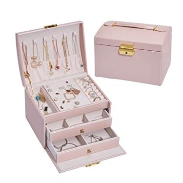 Imagem de uhyOHF Caixa de joias de três camadas, gaveta de couro, caixa de joias, brincos, anéis, organizador de joias com fecho de metal com gancho, colar de joias, caixa organizadora de joias (