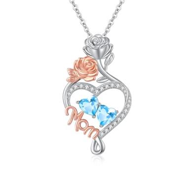 Imagem de WYDDO Colar com coração e amor, pedra do mês de nascimento duplo, joia de flor de rosa, aniversário dos namorados, presente de Natal para avó, esposa, mãe, Base, Zircônia cúbica