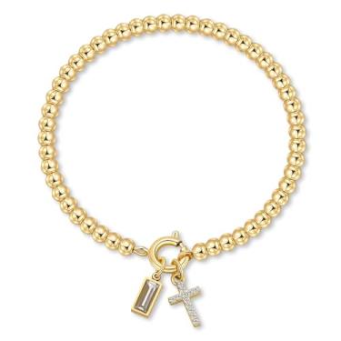 Imagem de Korotho Pulseira de pedra de nascimento cruzada para mulheres – Pulseiras elásticas delicadas banhadas a ouro 14 K, modernas, à prova d'água, não mancham, joias de aniversário, Natal, meias para mães