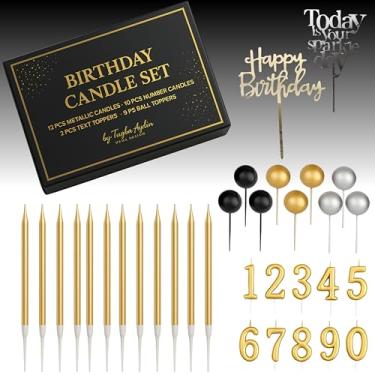 Imagem de por Tugba Aydan – Conjunto de 33 velas douradas de aniversário com número de velas 0 a 9, velas longas metálicas, topo de bola e texto – Kit completo de decoração de bolo para festas de aniversário de