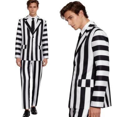 Imagem de Terno listrado preto e branco masculino para Halloween, filme assustador, comédia, cosplay, conjunto de calças, Preto, P