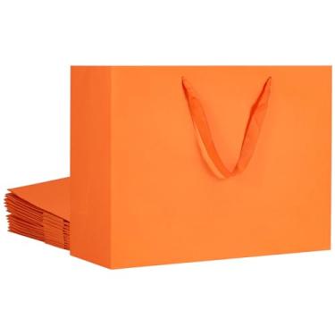 Imagem de Umoofine Saco de presente laranja grande, pacote com 60, 40 x 14 x 30 cm, sacos de presente Kraft extra grandes com alças de fita, sacos de papel Kraft laranja reutilizáveis resistentes a granel para
