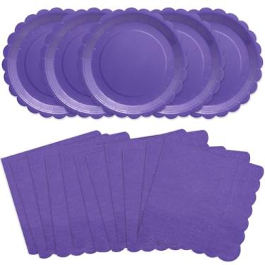 Imagem de VEIZEDD 100 peças de suprimentos de festa roxos, incluindo pratos de papel roxos recortados, guardanapos de jantar de festa para o dia dos namorados, carnaval, aniversário, chá de bebê, casamento