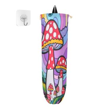 Imagem de Porta-sacos de plástico para jardim de cogumelos mágicos arco-íris, suportes de plástico para sacolas de supermercado, suporte de parede organizador de saco de plástico