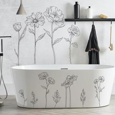 Imagem de Flaxarne Decalques de parede de flores de esboço simples preto boho floral decoração de parede adesivos de arte de vinil para quarto escritório banheiro jardim presentes