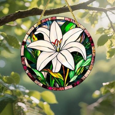 Imagem de Acrílico colorido Suncatcher, vitral, flor de lírio branco, 18 cm, decoração de parede para janela suspensa com design de vitral impresso, ideia de presente e ornamento de jardim, uso interno e