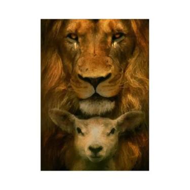 Imagem de Pintura Em Tela Vintage De Jesus Cristo Com Leão E Cordeiro Para Decor