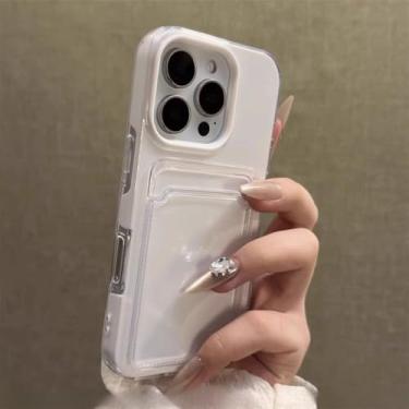 Imagem de Capa para celular com porta-cartões para iPhone 16, 15, 14, 13, 12 Pro Max e 11, na cor Candy Color. Capa protetora transparente e macia, estilo carteira, resistente a impactos, branca, para iPhone 1