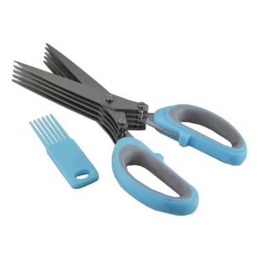 Imagem de Tesoura de Ervas com 5 Lâminas de Aço Inoxidável, Cabo Anatômico Azul e Cinza, Inclui Escova de Limpeza, para Cortar Salsinha, Cebolinha e Temperos