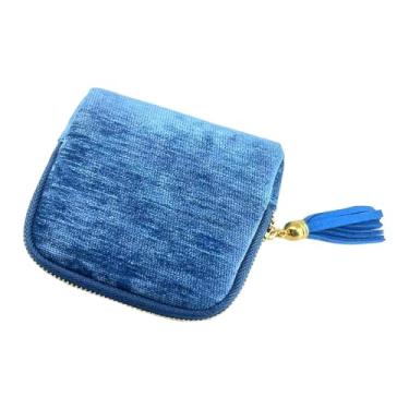 Imagem de oshhni Estojo organizador de joias pequeno para viagem, bolsa de armazenamento em veludo com correntes e pingente, porta-objetos com zíper, ideal para mães, Azul Gelo Claro