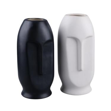 Imagem de Handicrafts Home Conjunto de 2 vasos de cerâmica - vasos decorativos foscos brancos e pretos para flores - vasos de botão de padrão duplo oval minimalista para prateleira boho moderna, entrada, sala