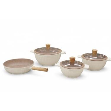 Imagem de Conjunto de Panelas com Tampa de Vidro e Alças, Bege, Acabamento Antiaderente, de Alumínio com camada de Cerâmica, De Indução, Cabos de Madeira, 4 Peças