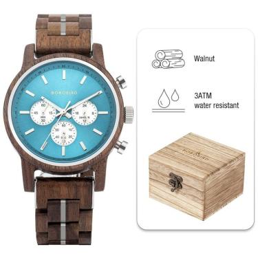 Imagem de Relógio De Madeira Feminino Bobo Bird Gt118-1 à Prova D'água Azul Claro