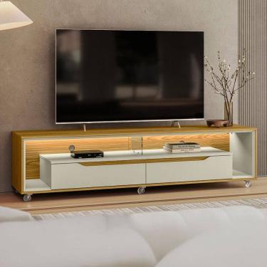 Imagem de Rack para TV Até 65 Polegadas Lapislazzuli 2 Gavetas com Vidro e Led Cedro/Off White - Pnr Móveis