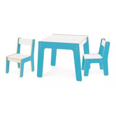 Imagem de Mesa Infantil Conjunto Com 2 Cadeiras Azul Junges Em Madeira MDF Didát