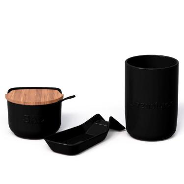 Imagem de Kit Bancada Plus Saleiro com Tampa de Madeira Porta Utensílios e Descanso Colher Cerâmica Preto Ceraflame