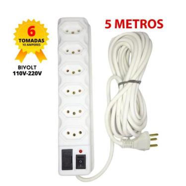 Imagem de Filtro de Linha Branco 6 Tomadas com 5 Metros - MAV ELETRO