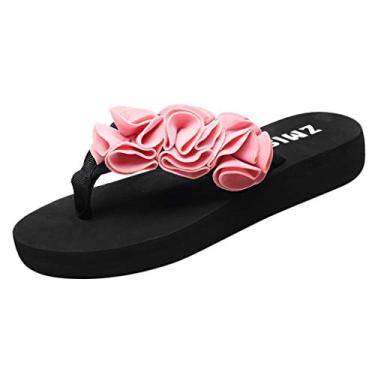 Imagem de Chinelos flor moda wedges flip verão praia dedo chinelos feminino clipe antiderrapante chinelos femininos tamanho 8.5, rosa, 7