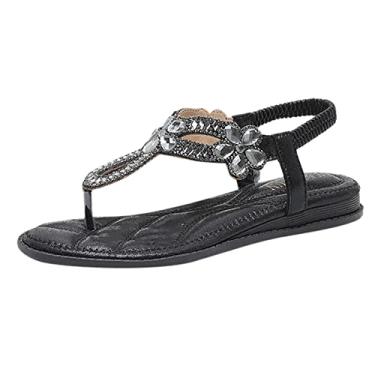 Imagem de Sandália feminina com strass decoração Slingback Wedges com tira elástica no tornozelo casual boêmio sapatos de praia decoração de strass metálico sandálias de amarrar para mulheres tamanho 11 (preto, 9)