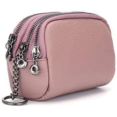 Imagem de Carteira feminina pequena de couro genuíno com zíper porta-moedas cartões chaves bolsas para dinheiro, roxo, 14x6x8,5cm, Uptodate1