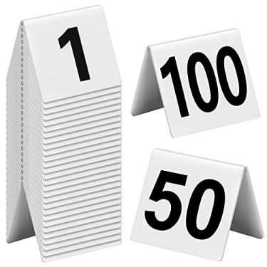 Imagem de 100 peças de números de mesa de acrílico branco 1 a 100 barracas de mesa numeradas de dupla face para restaurante cartões de barraca de mesa de casamento para banquetes de festa marcadores de provas de serviço, 2,5 x 2 x 1,6 polegadas