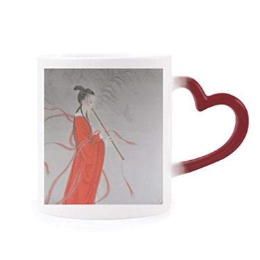Imagem de Caneca vermelha de beleza chinesa com pintura sensível ao calor, caneca de grés que muda de cor vermelha