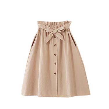 Imagem de Saia feminina de cintura alta WSLCN, elegante, casual, vintage, plissada, com botões, saia midi com bolsos para cinto, Apricot, Waist 23.6"-38.6"