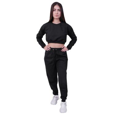 Imagem de Conjunto Moletom Cropped Plus Size Manga Longa Preto-Feminino
