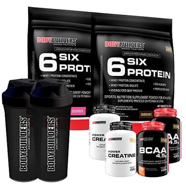 Imagem de Kit 2x Six Protein Chocolate e Morango 900g + 2x BCAA 100g + 2x Power Creatina 100g + 2x Coqueteleira - Bodybuilders