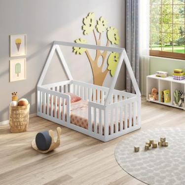 Imagem de Mini Cama Montessoriana em Madeira Maciça com Grade e Telhado Giulia Casatema Branco