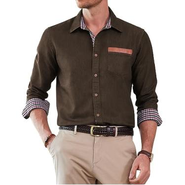 Imagem de COOFANDY Camisa social masculina de manga comprida jeans com botões camisas casuais de negócios, Marrom, M