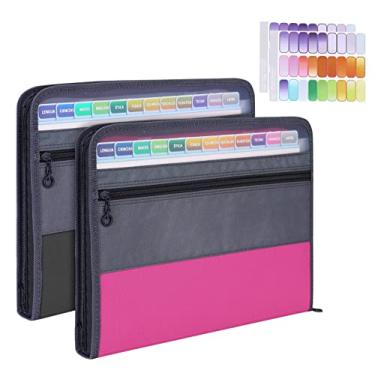 Imagem de MEGREZ Pasta expansível com 13 bolsos, pacote com 2 pastas de arquivo de papel A4 com etiquetas coloridas com zíper, organizador de pastas sanfonadas à prova d'água para escritório em casa, rosa e