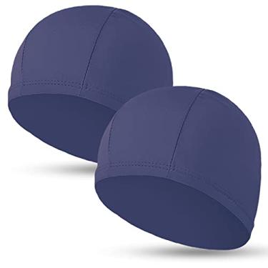 Imagem de Toucas de natação de tecido 2 peças para mulheres e homens e crianças tecido durável não impermeável elástico para piscina touca de banho para cabelos longos e curtos (azul escuro)