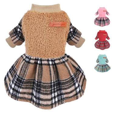 Imagem de Suéter de cachorro para cães pequenos, vestido feminino de outono e inverno, vestido xadrez quente para cães, roupas para cães, roupa PP cáqui