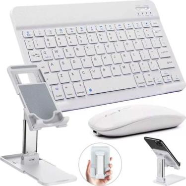 Imagem de Kit Teclado Mouse Bluetooth Ultrafino ABNT Ç + Suporte de Mesa Para Ce