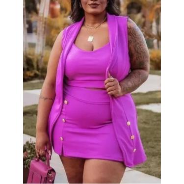Imagem de Conjunto Feminino Plus Size Social 3 Peças Blazer Cropped Short Saia -
