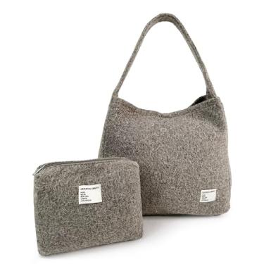 Imagem de CATCHY & CRAFTY Sacola feminina – Bolsa de ginástica Hobo grande de pelúcia para treino, ioga, viagens – lã fofa, Cinza lua., Large