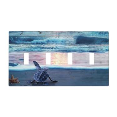 Imagem de Capa de interruptor de luz engraçada verão Havaí estrela do mar praia tartaruga quatro gangues concha coral costeira oceano azul tartaruga tartaruga 4 gangues interruptor quádruplo interruptor de