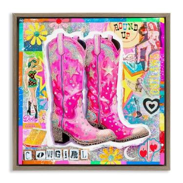 Imagem de Stupell Industries Groovy Vintage Cowgirl Collage Framed Floater Canvas Wall Art Design por Jess Stempel, moldura flutuante marrom, 45,7 x 45,7 cm