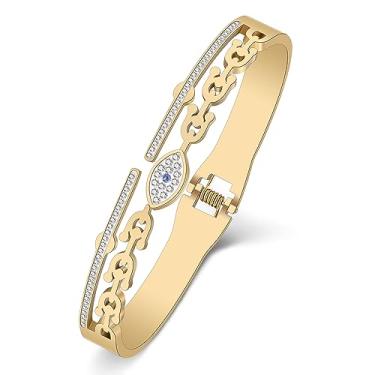 Imagem de TIZURO Pulseiras de aço inoxidável banhado a ouro 18 quilates com strass grego com olhos turcos joias para mulheres, pingentes mexicanos, presentes mexicanos, Medium, Aço inoxidável, Cristal