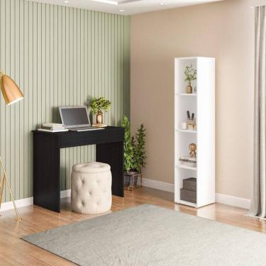 Imagem de Conjunto 1 Mesa Escrivaninha 1 Gaveta Sevilha e 1 Estante Livreiro Modular 4 Nichos Delta Preto/Branco