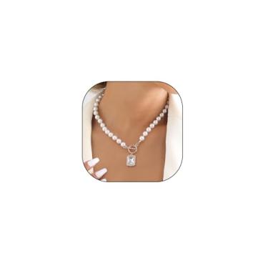 Imagem de Colar feminino com pingente de cristal de pérola dourada, contas de prata, grande, quadrado, strass, fecho OT, colar gargantilha fashion punk, Large, Metal, Cristal de pérola