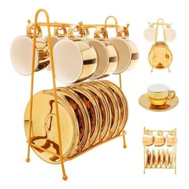 Imagem de Jogo De 6 Xicaras Com Pires + Suporte Porcelana Dourada Luxo Cor Doura