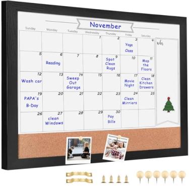 Imagem de Umtiti Calendário mensal quadro branco apagável a seco e quadro de avisos de cortiça, moldura de madeira preta de 33 x 43 cm, quadro branco de superfície magnética. Perfeito para organizar seu espaço. Quadro branco + cortiça-3442A-BK