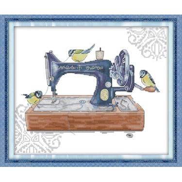 Imagem de Benway Kit de ponto cruz pré-impresso estampado, kit de bordado de 11 quilates, presente de trabalho com agulha para decoração de parede, máquina de costura e três pássaros, 45 x 39 cm, 45 x 39 cm