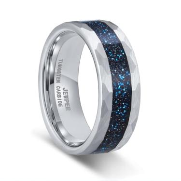 Imagem de JEWPER Anéis de tungstênio para homens 8 mm preto/prata/ouro moda promessa aliança de casamento martelada sulco meteorito orbo carboneto chanfrado borda polida ajuste confortável, 12, Metal, Sem pedra
