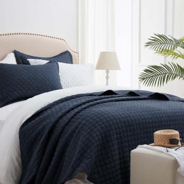 Imagem de SunStyle Home Conjunto de cama queen com edredom azul marinho, leve, edredom para cama queen size, colcha de costura acolchoada durável com 2 fronhas, estampa de diamante para todas as estações, 3