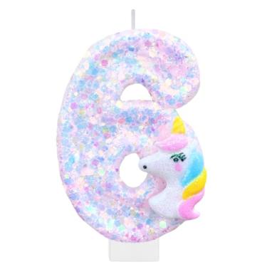 Imagem de Velas com números de aniversário de unicórnio para bolo, vela branca número 6, topo de bolo divertido de unicórnio com glitter, decoração de aniversário, enfeite de cupcake para artigos de festa