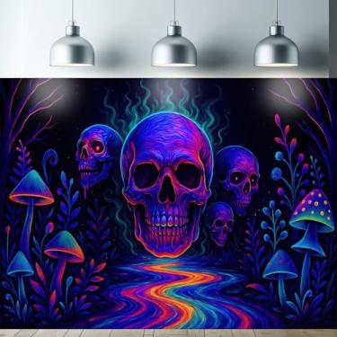Imagem de Starlit Patio Tapeçaria de caveira brilhante com luz negra UV reativa para pendurar na parede, arco-íris, caminho, cogumelos e floresta tríplice para quarto, dormitório, sala de estar, psicodélico